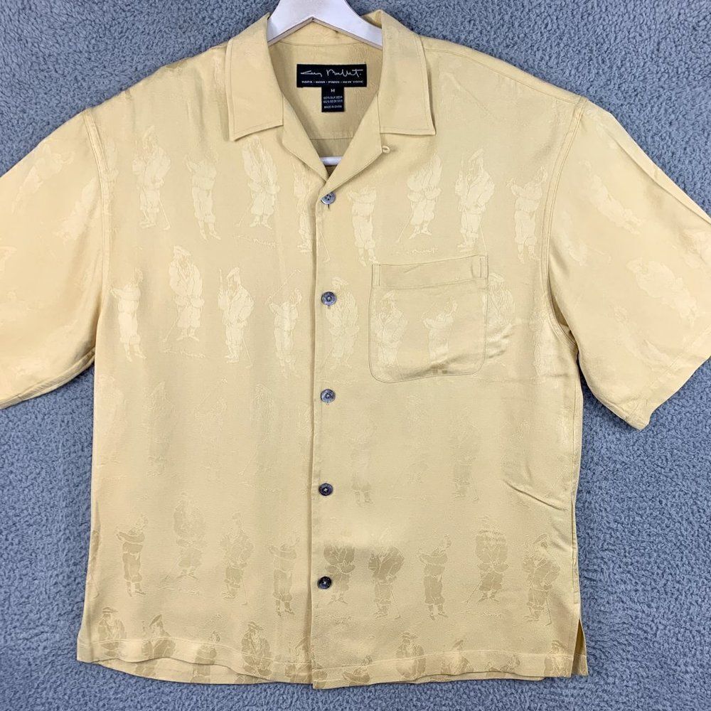 Guy Buffet Golf Shirt Men Medium Yellow Silk Golfer Print Outdoors Casual Sports